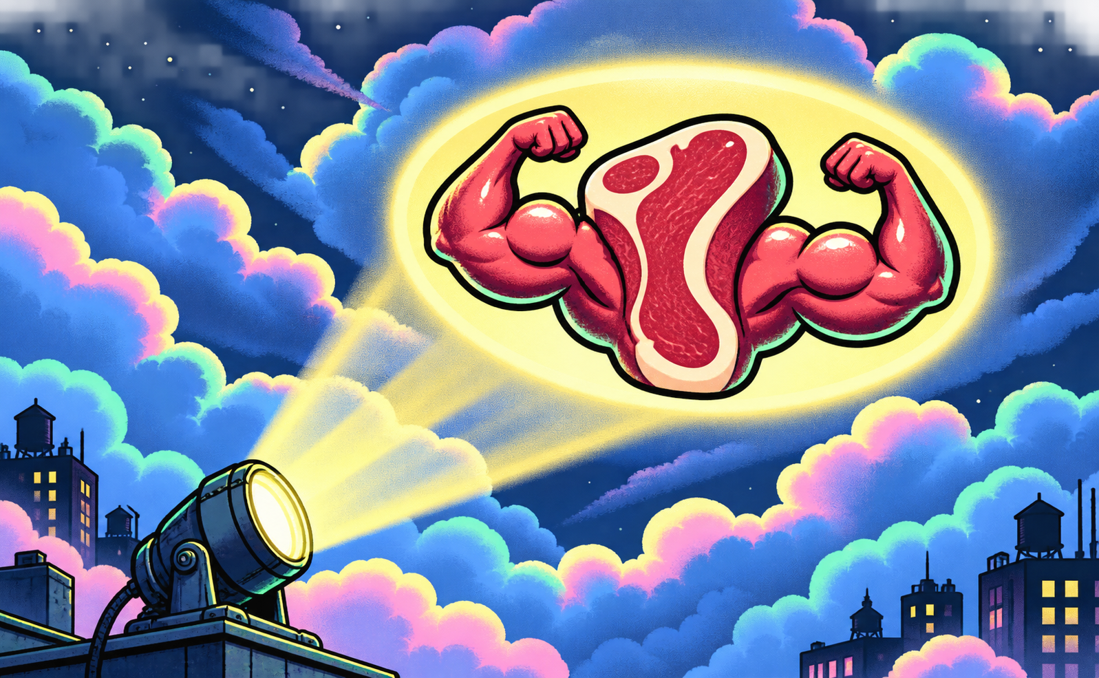 A rooftop searchlight projects a flexing cartoon steak signal into pastel night clouds